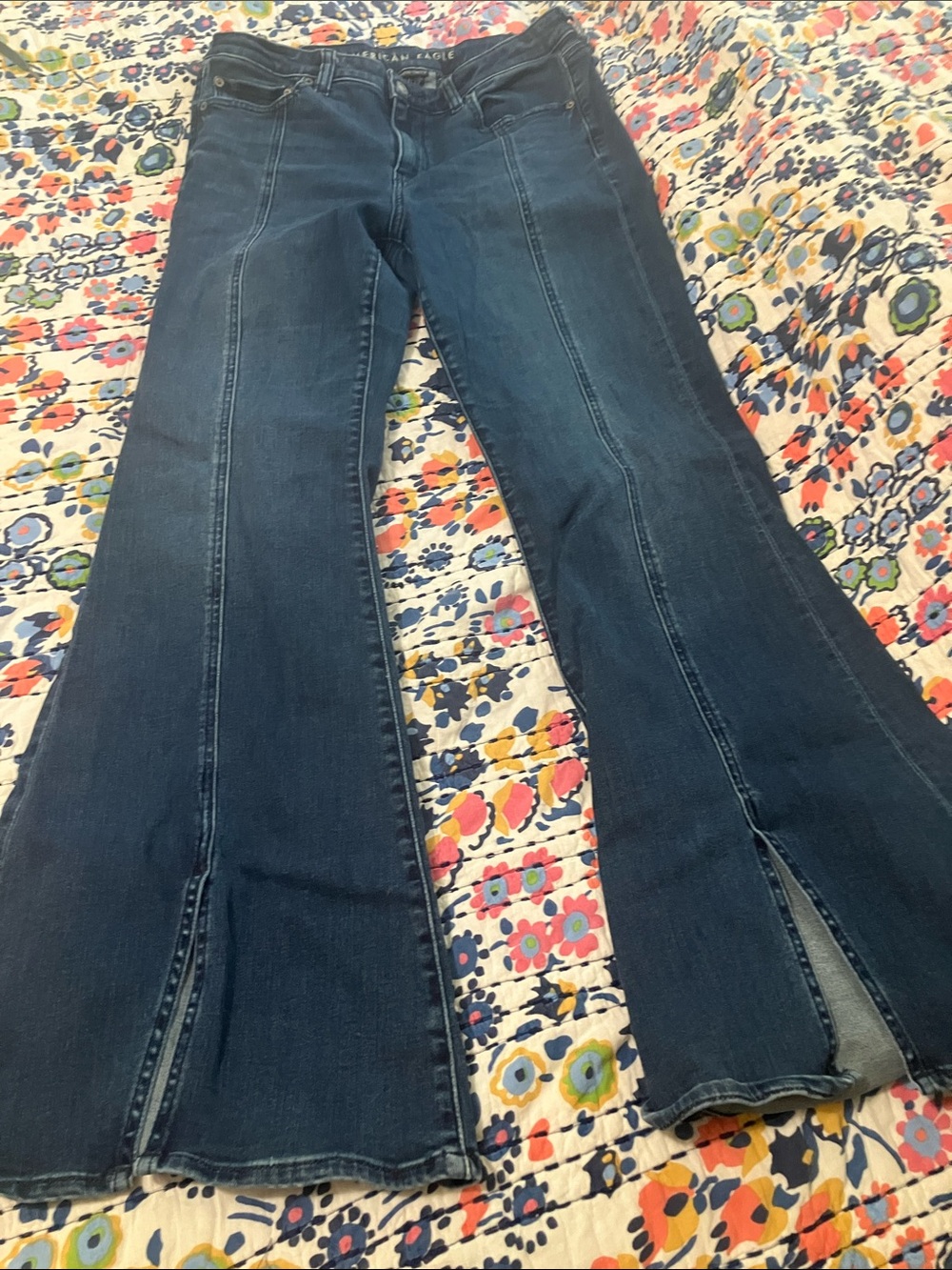 American Eagle Outfitters Festival Flare Dark Blue Flare Jeans with Front Slits